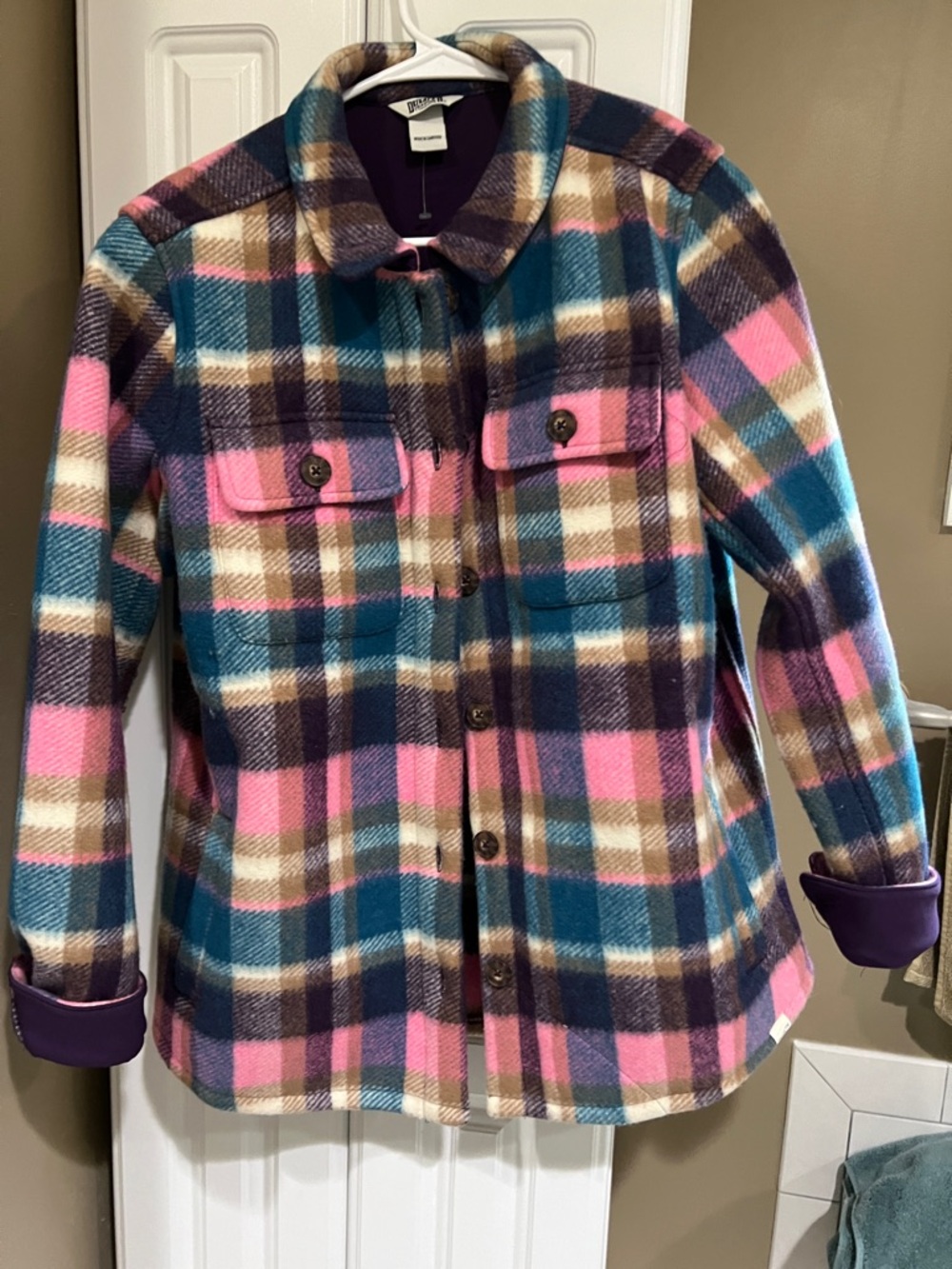 Duluth Trading Co Plaid Fleece Shacket in Teal, Pink, Brown & Cream